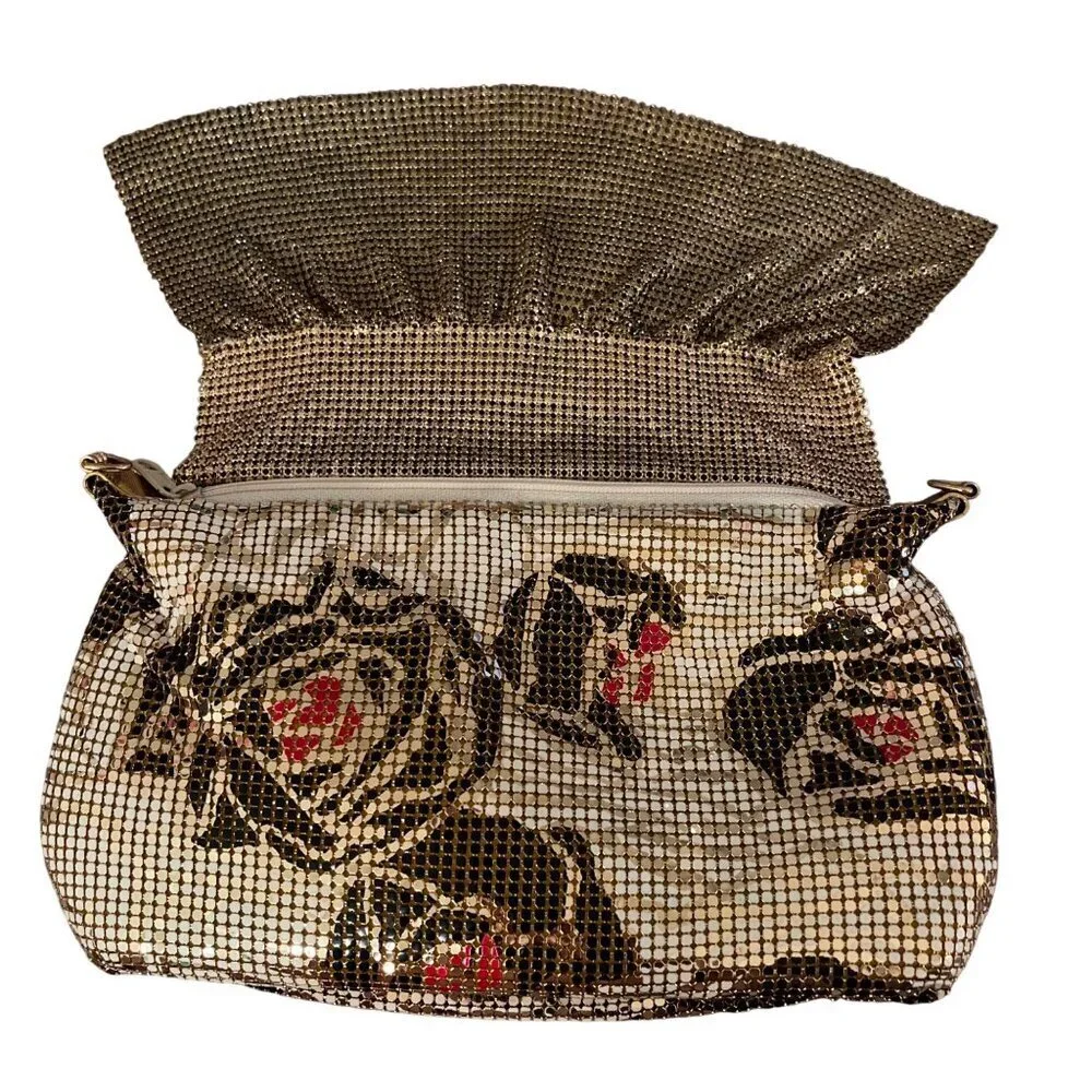 Vintage Womens Clutch Bag Multicolor Chain Mesh Rose Pattern Convertible